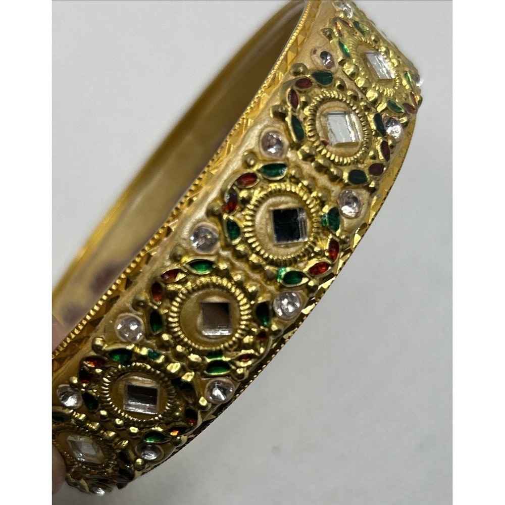 Vintage Indian Kundan Style‎ Gold Tone Bangle Bracelet Jewelry Mirror Inlay 8"